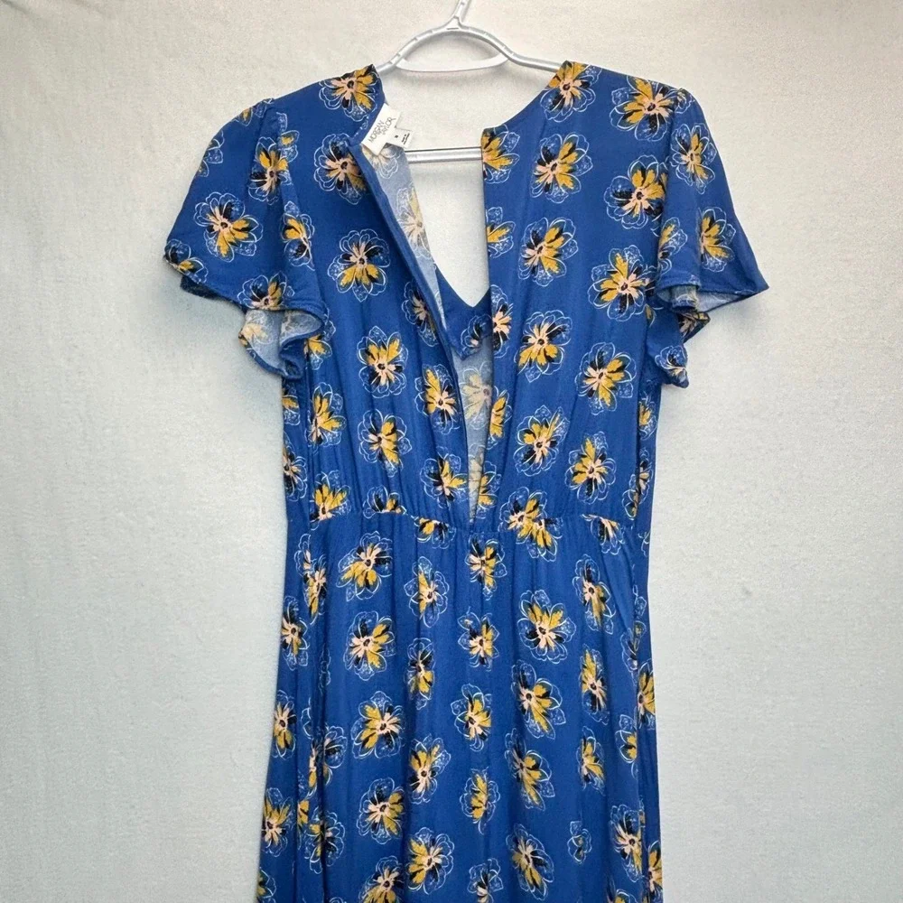 Floral Flutter Sleeve Dress Cottagecore Prairie Blue Rayon Spring Summer Flowy M